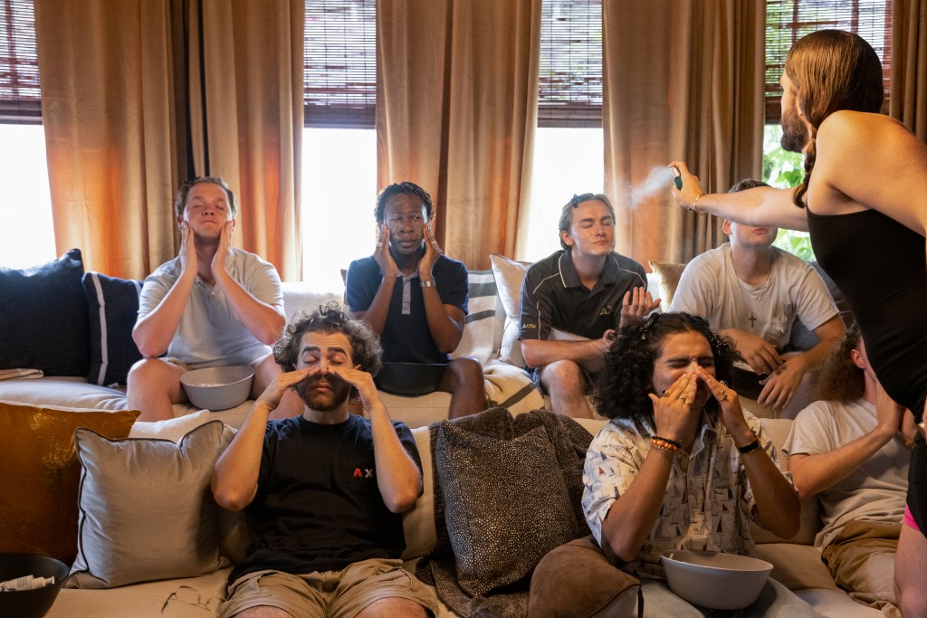 Queer Eye. (L to R) Josh Johnson, Cooper Lemons, Demario, Josh Allen, Marco, Ryan Parker, Jonathan Van Ness in episode 701 of Queer Eye. Cr. Ilana Panich-Linsman/Netflix © 2023