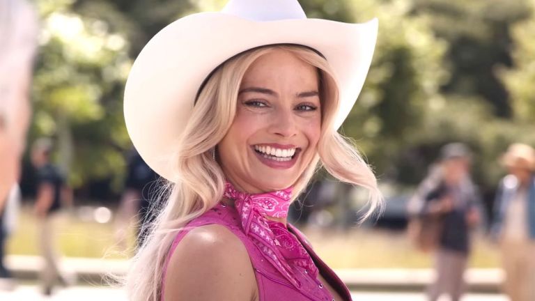 Margot Robbie smiles in Barbie