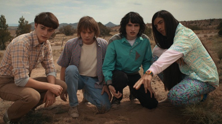 STRANGER THINGS. (L to R) Noah Schnapp as Will Byers, Charlie Heaton as Jonathan Byers, Finn Wolfhard as Mike Wheeler, and Eduardo Franco as Argyle in STRANGER THINGS.