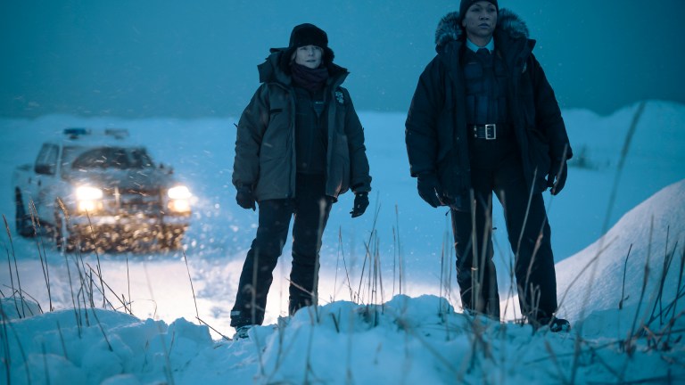 Liz Danvers (Jodie Foster) and Evangeline Navarro (Kali Reis) stand in the frosty wilderness of Ennis, Alaska in True Detective: Night Country