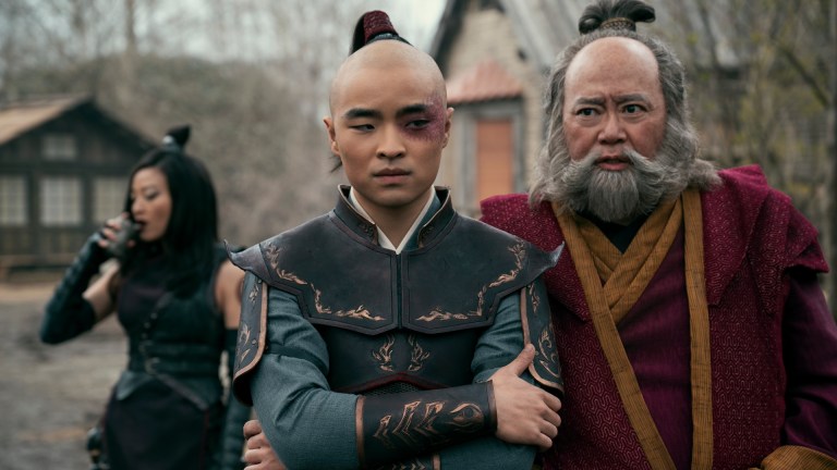 Avatar: The Last Airbender. (L to R) Arden Cho as June, Dallas Liu as Prince Zuko, Paul Sun-Hyung Lee as Iroh in season 1 of Avatar: The Last Airbender. Cr. Robert Falconer/Netflix © 2024