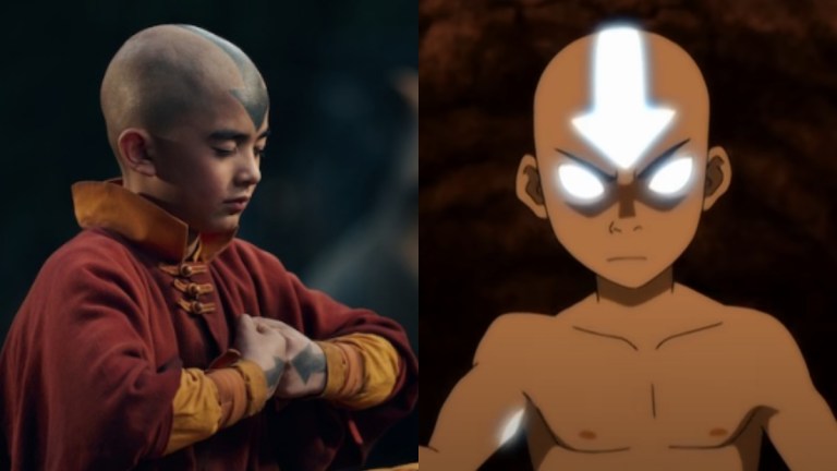 Aang from Avatar: The Last Airbender in the live-action series (meditating) and in the animated series (angry.)