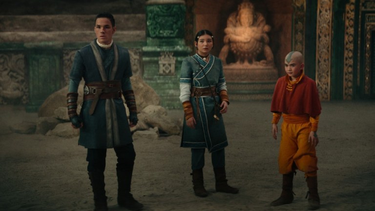 Avatar: The Last Airbender. (L to R) Ian Ousley as Sokka, Kiawentiio as Katara, Gordon Cormier as Aang in season 1 of Avatar: The Last Airbender.