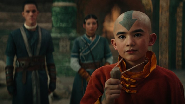 Avatar: The Last Airbender. (L to R) Ian Ousley as Sokka, Kiawentiio as Katara, Gordon Cormier as Ang in season 1 of Avatar: The Last Airbender.