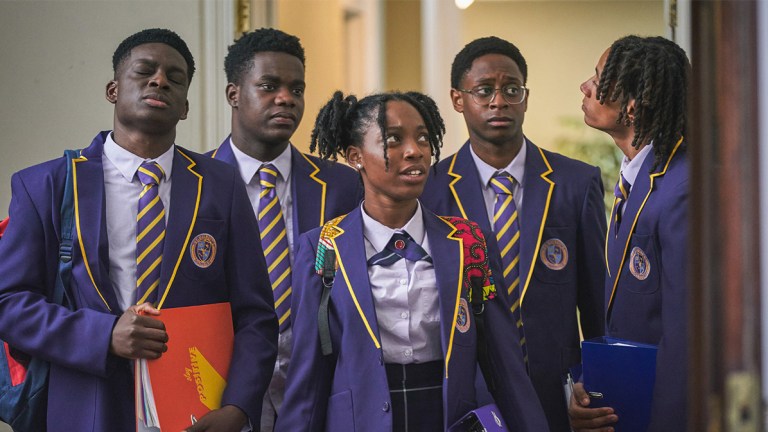 The cast of BBC Three comedy-drama Boarders in school uniforms