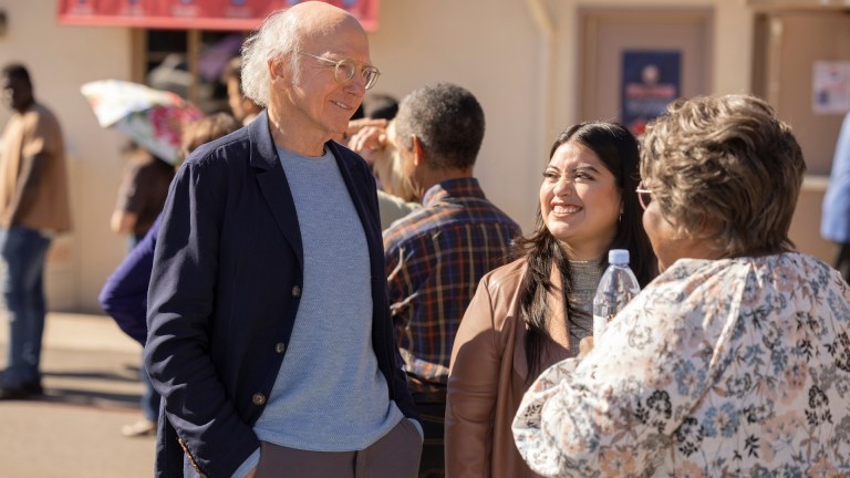 Ellia English, Larry David, and Keyla Monterroso Mejia in Curb Your Enthusiasm season 12 episode 1.