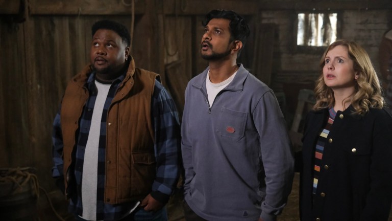 Pictured (L-R): Tristan D. Lalla as Mark, Utkarsh Ambudkar as Jay, and Rose McIver as Samantha.