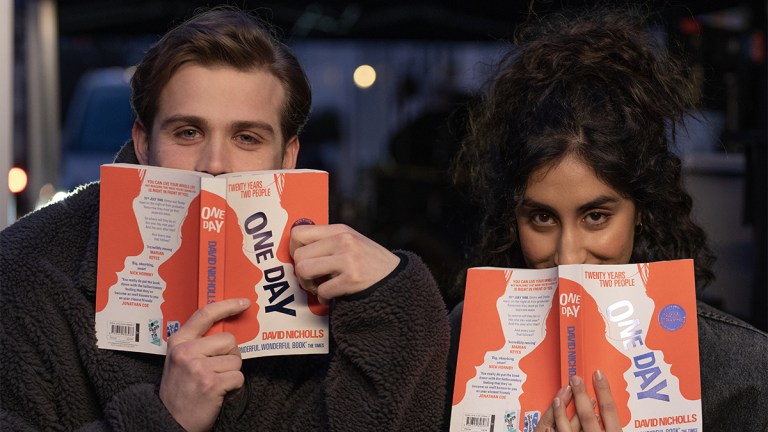 Leo Woodall and Ambika Mod reading One Day by David Nicholls behind the scenes of Netflix's One Day