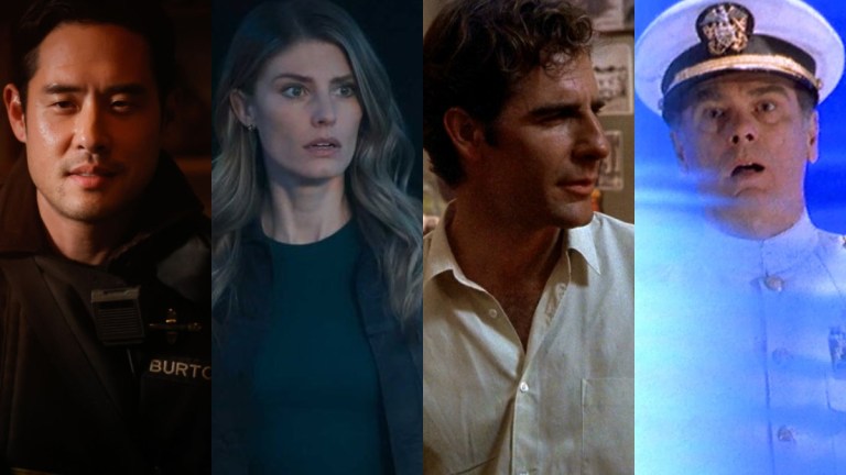 A collage of images of characters from the new and original Quantum Leap. From left to right, Ben, Addison, Sam, and Al.