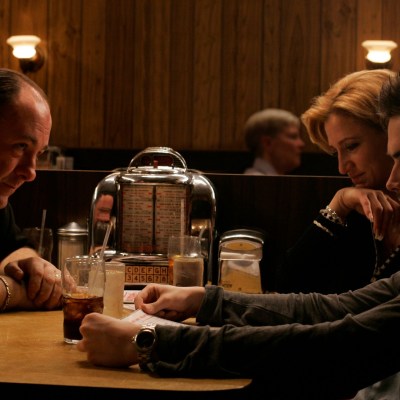 Tony (James Gandolfini) Carmella (Edie Falco) and AJ Soprano (Robert Iler) in The Sopranos' final scene