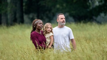 Andrew Lincoln as Rick Grimes, Danai Gurira as Michonne, Chloe Garcia as Judith