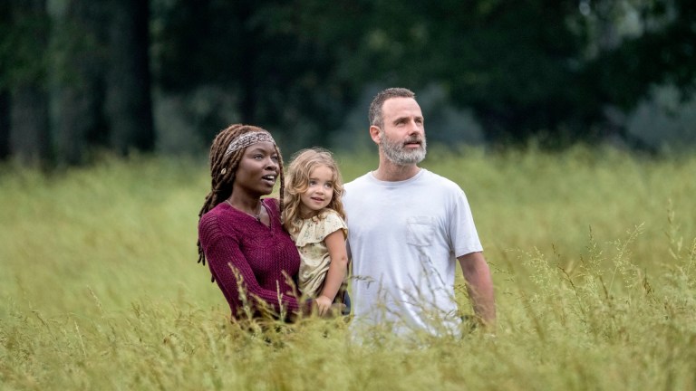 Andrew Lincoln as Rick Grimes, Danai Gurira as Michonne, Chloe Garcia as Judith