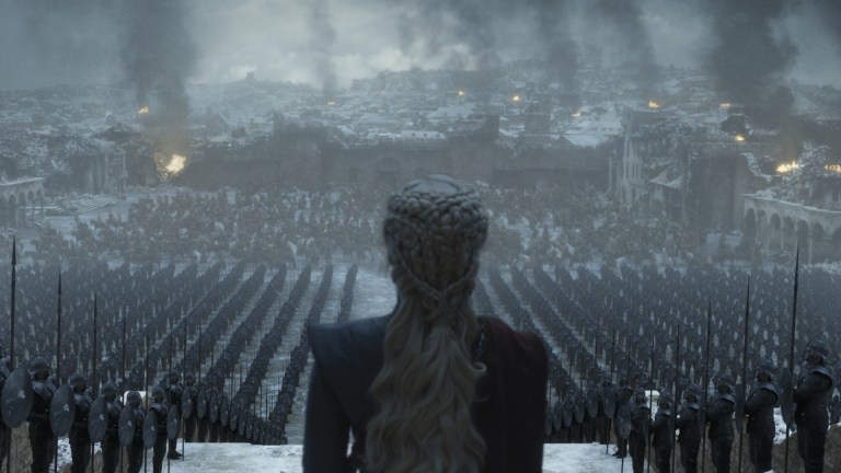 Daenerys (Emilia Clarke) stands over her army in Game of Thrones season 8