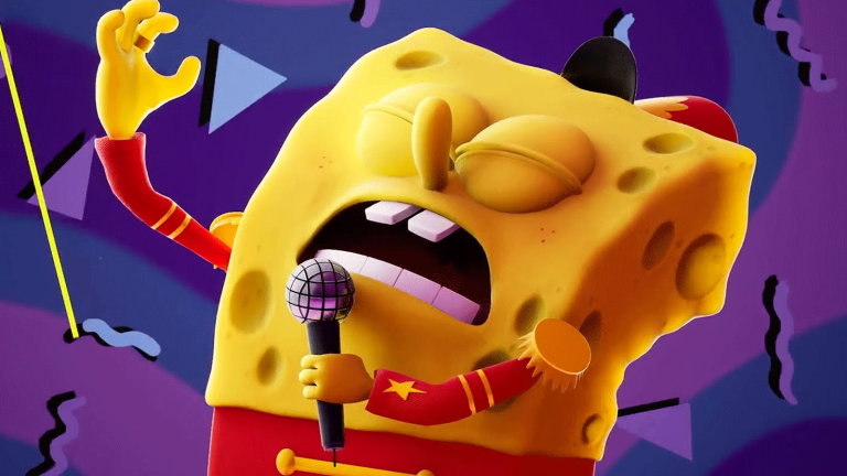 A 3-D SpongeBob SquarePants singing into a microphone