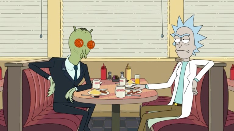 Rick Sanchez and an alien has a meal at Shoney's on Rick and Morty