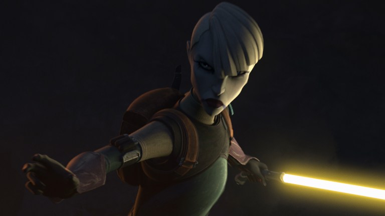 Asajj Ventress wields a yellow lightsaber in a scene from &ldquo;STAR WARS: THE BAD BATCH&rdquo;, season 3