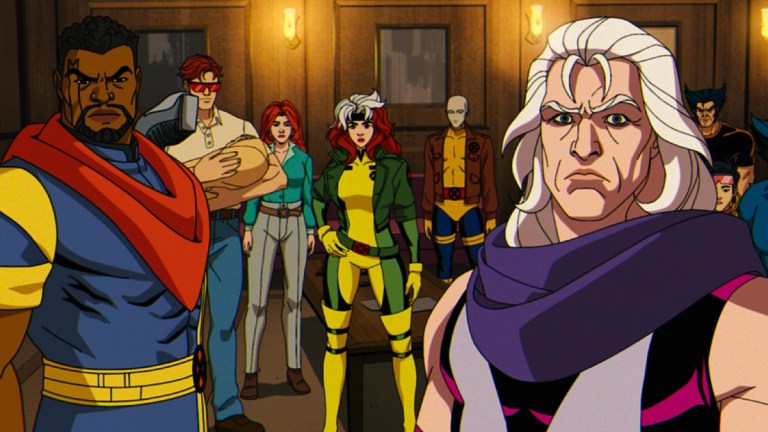 (L-R): Bishop (voiced by Isaac Robinson-Smith), Cyclops (voiced by Ray Chase), Jean Grey (voiced by Jennifer Hale), Rogue (voiced by Lenore Zann), Morph (voiced by JP Karliak), Magneto (voiced by Matthew Waterson), Wolverine (voiced by Cal Dodd), Jubilee (voiced by Holly Chou), Beast (voiced by George Buza), and Gambit (voiced by AJ LoCascio) in Marvel Animation's X-MEN '97. Photo courtesy of Marvel Animation. © 2024 MARVEL.