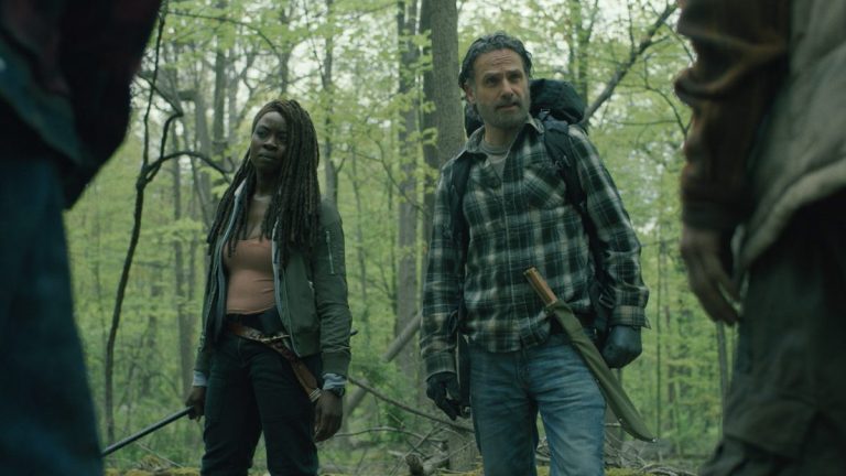 Danai Gurira as Michonne and Andrew Lincoln as Rick Grimes in The Walking Dead: The Ones Who Live episode 5.