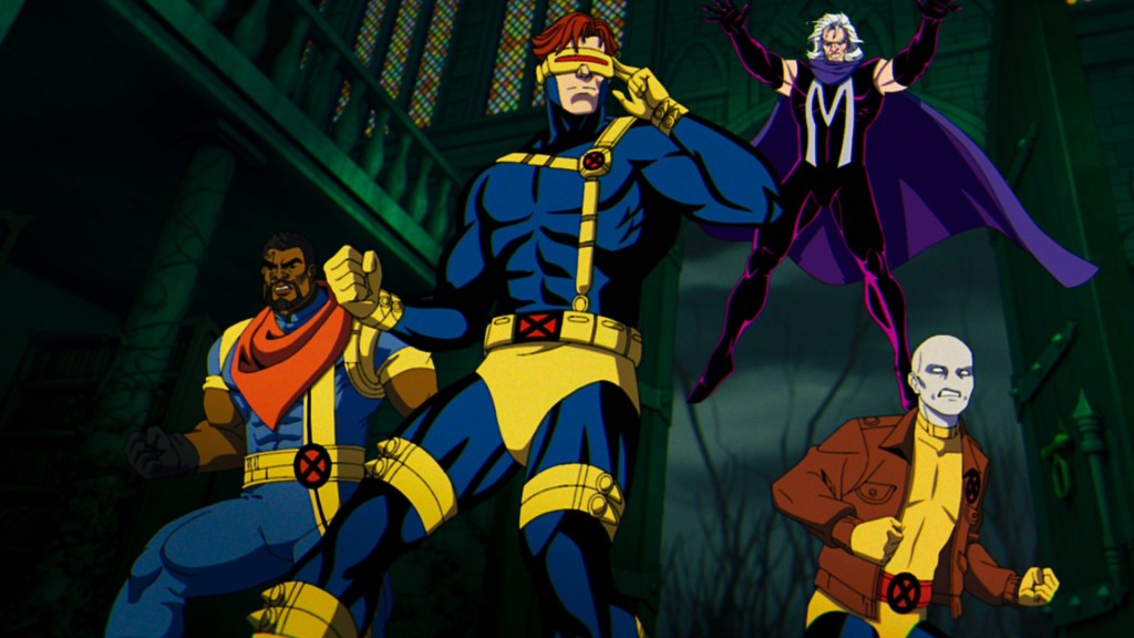 (L-R): Bishop (voiced by Isaac Robinson-Smith), Cyclops (voiced by Ray Chase), Magneto (voiced by Matthew Waterson), and Morph (voiced by JP Karliak) in Marvel Animation&rsquo;s X-MEN &lsquo;97.
