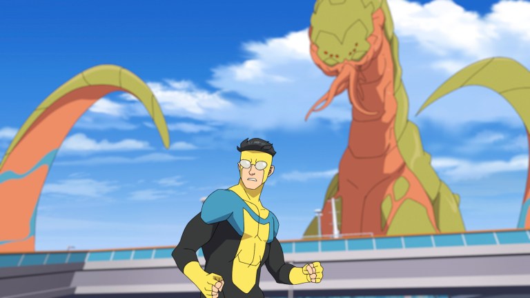 Mark Grayson (Steven Yeun) fights a dragon-like creature in Invincible season 2.