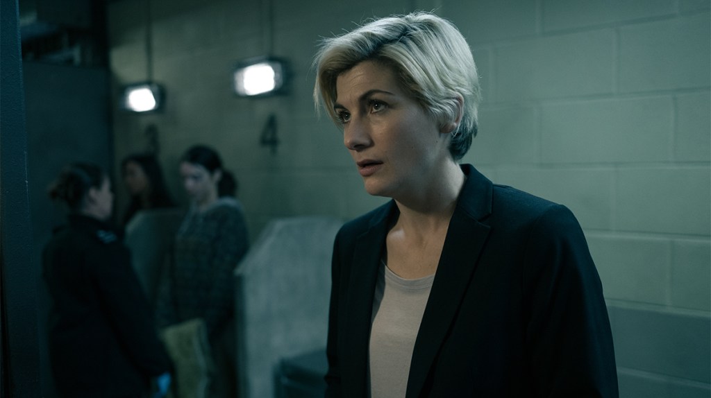 Jodie Whittaker in a black suit jacket as Orla in Time season 2