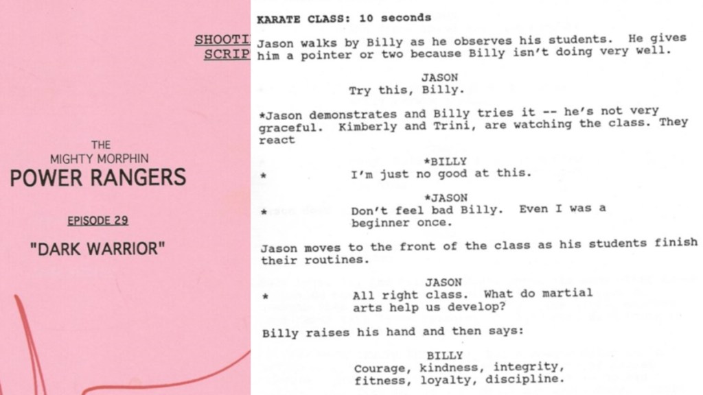 The script cover and a page of the script for the MMPR episode, &ldquo;Dark Warrior.&quot;