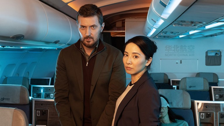 Richard Armitage in handcuffs and Jing Lusi on a plane in ITV thriller Red Eye