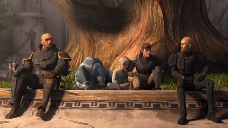 (L-R): Wrecker, Batcher, Omega, Hunter, and Crosshair in a scene from "STAR WARS: THE BAD BATCH", season 3 exclusively on Disney+.
