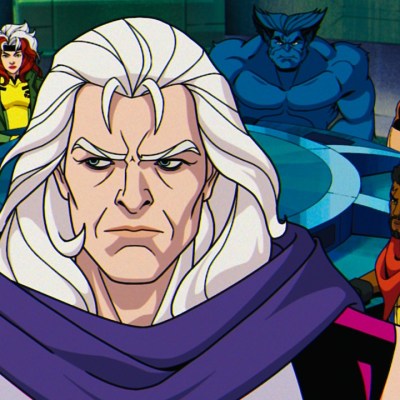 (L-R): Jean Grey (voiced by Jennifer Hale), Gambit (voiced by AJ LoCascio), Cyclops (voiced by Ray Chase), Rogue (voiced by Lenore Zann), Magneto (voiced by Matthew Waterson), Beast (voiced by George Buza), Bishop (voiced by Isaac Robinson-Smith), Wolverine (voiced by Cal Dodd), Storm (voiced by Alison Sealy-Smith), and Jubilee (voiced by Holly Chou) in Marvel Animation's X-MEN '97. Photo courtesy of Marvel Animation. © 2024 MARVEL.
