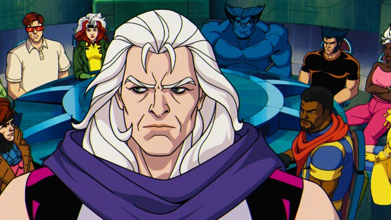 (L-R): Jean Grey (voiced by Jennifer Hale), Gambit (voiced by AJ LoCascio), Cyclops (voiced by Ray Chase), Rogue (voiced by Lenore Zann), Magneto (voiced by Matthew Waterson), Beast (voiced by George Buza), Bishop (voiced by Isaac Robinson-Smith), Wolverine (voiced by Cal Dodd), Storm (voiced by Alison Sealy-Smith), and Jubilee (voiced by Holly Chou) in Marvel Animation's X-MEN '97. Photo courtesy of Marvel Animation. © 2024 MARVEL.