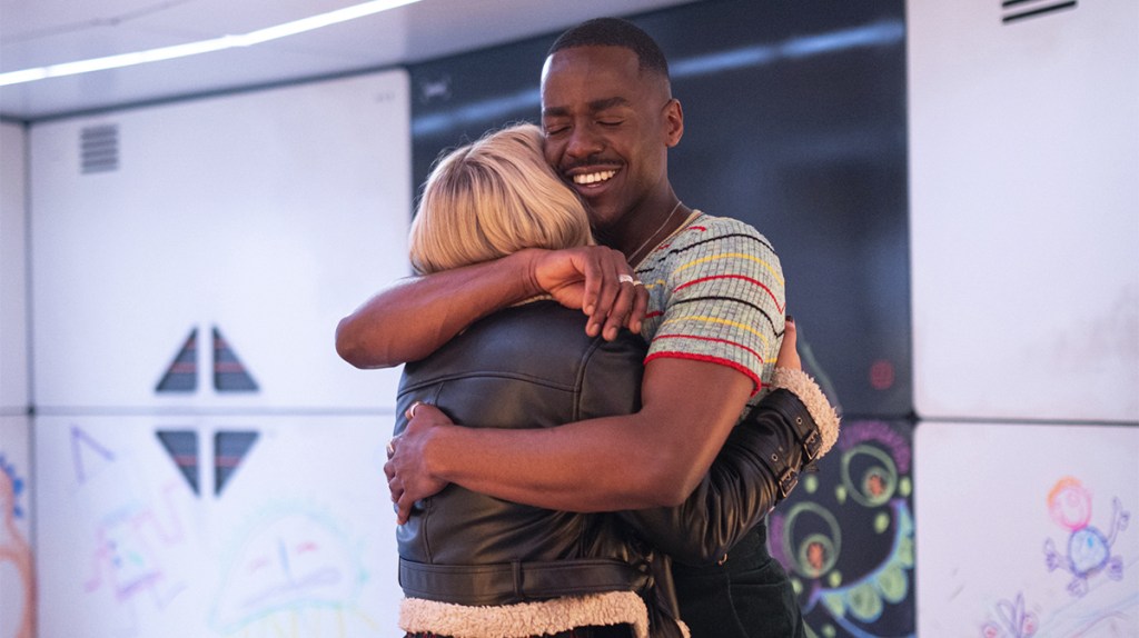 Millie Gibson and Ncuti Gatwa hugging in Doctor Who episode &ldquo;Space Babies&rdquo;