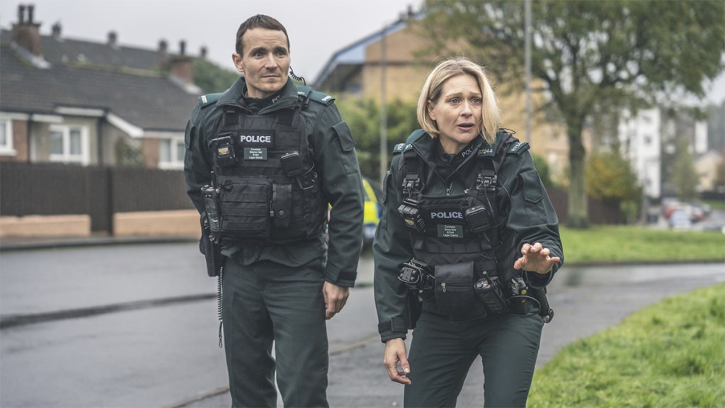 Martin McCann and Sian Ellis in police uniform as Stevie and Grace in Blue Lights series 2