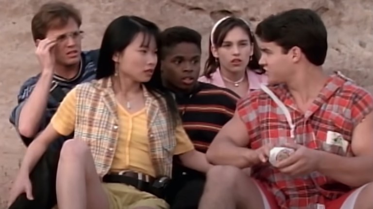 Billy, Trini, Zack, Kimberly, and Jason during the first episode of Power Rangers, "Day of the Dumpster."