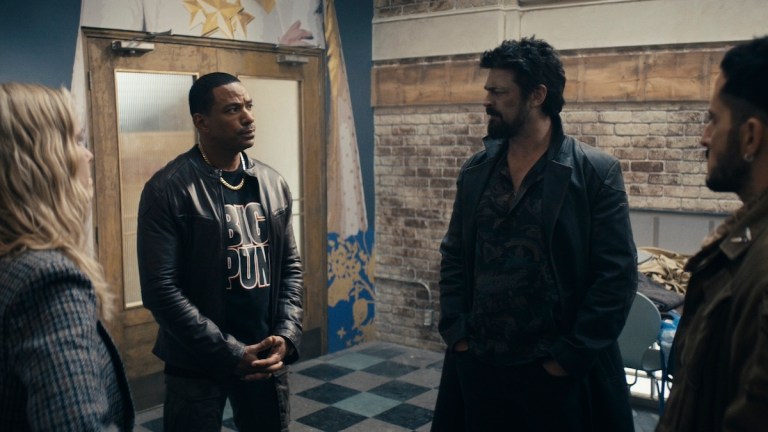 Erin Moriarty (Annie January aka Starlight), Laz Alonso (Mother's Milk), Karl Urban (Billy Butcher), Tomer Capone (Frenchie) on The Boys season 4