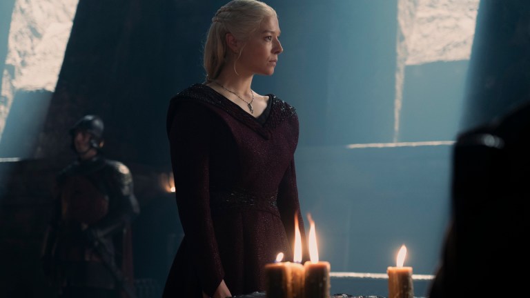 Queen Rhaenrya Targaryen (Emma D'Arcy) stands at her war table