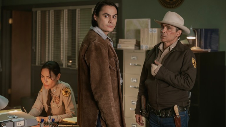 Zahn McClarnon as Joe Leaphorn, Kiowa Gordon as Jim Chee and Jessica Matten as Sgt. Bernadette Manuelito - Dark Winds _ Season 2, Episode 5