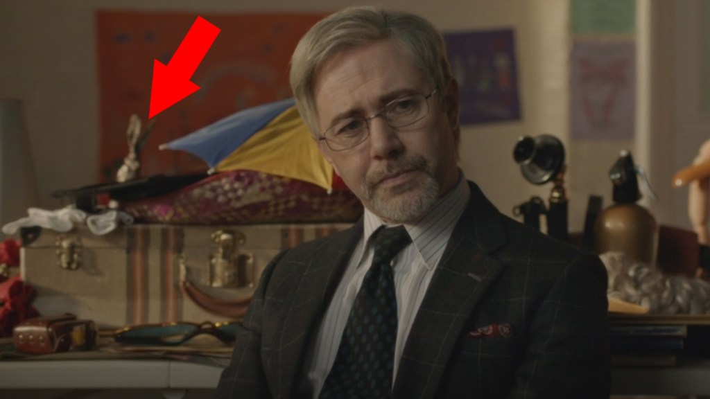 Screengrab of Inside No. 9 episode "Bernie Clifton's Dressing Room" with an arrow pointing at the silver hare statue in the background