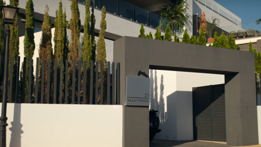 Exterior shot of Orpheus' luxury home Villa Thrace in Netflix&rsquo;s KAOS