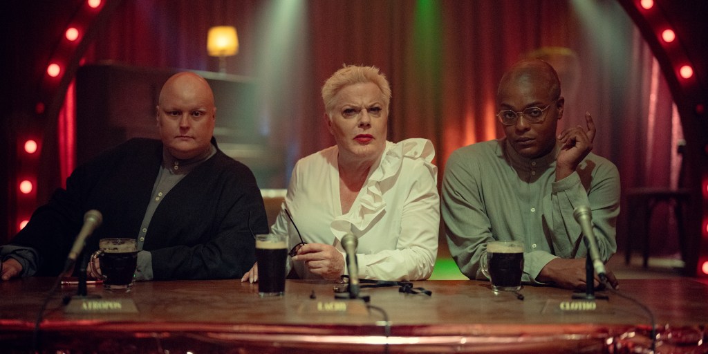 Sam Buttery, Suzy Eddie Izzard and Che as The Three Fates in Netflix&rsquo;s KAOS