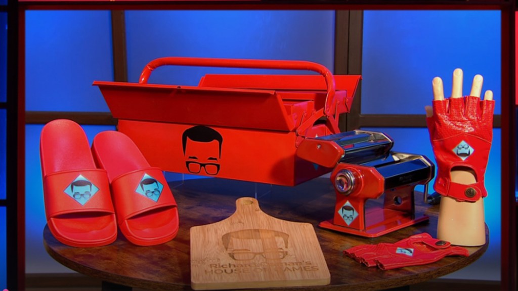 A selection of Richard Osman&rsquo;s House of Games prizes including a tool box, pasta maker, driving gloves and chopping board