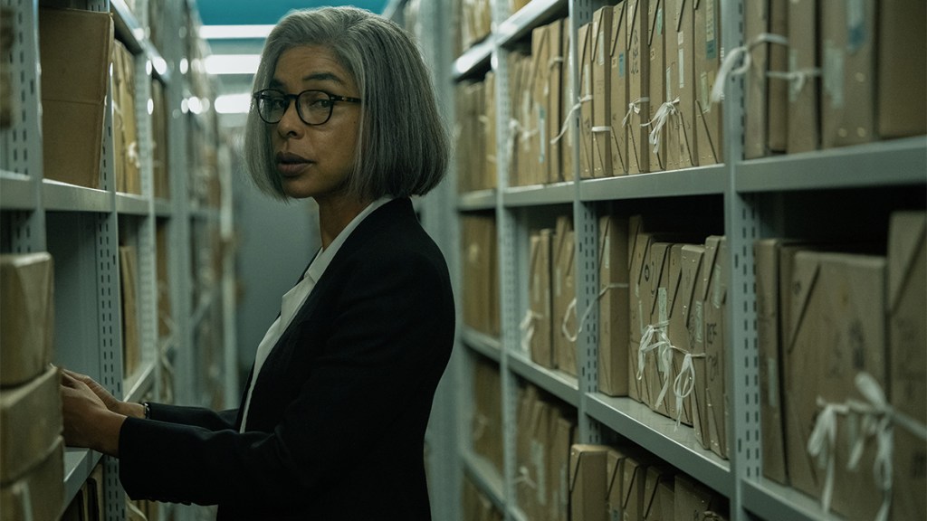 Sophie Okonedo with a grey bob and glasses in Slow Horses season 3 on Apple TV+