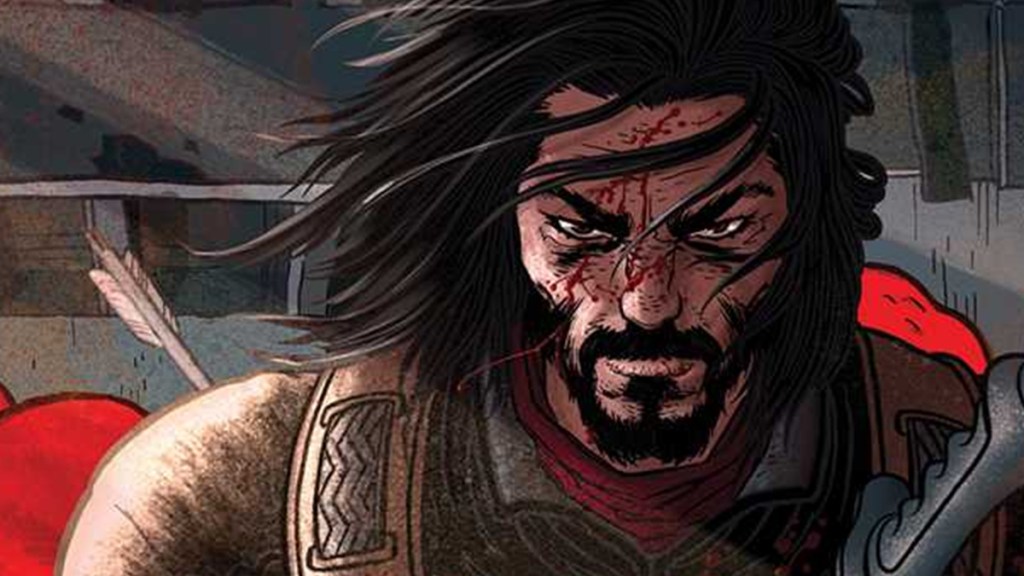 Illustration of a blood-stained man with long hair and weapons cropped from the BRKRKR vol. 1 cover