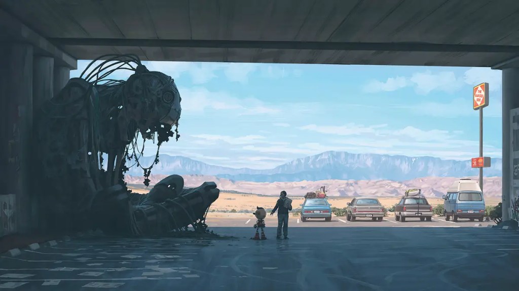 Simon Stalenhag&rsquo;s illustration of a large robot, a young girl and a small robot in an American landscape
