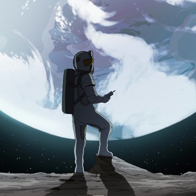 A figure in a spacesuit silhouetted against a planet in space