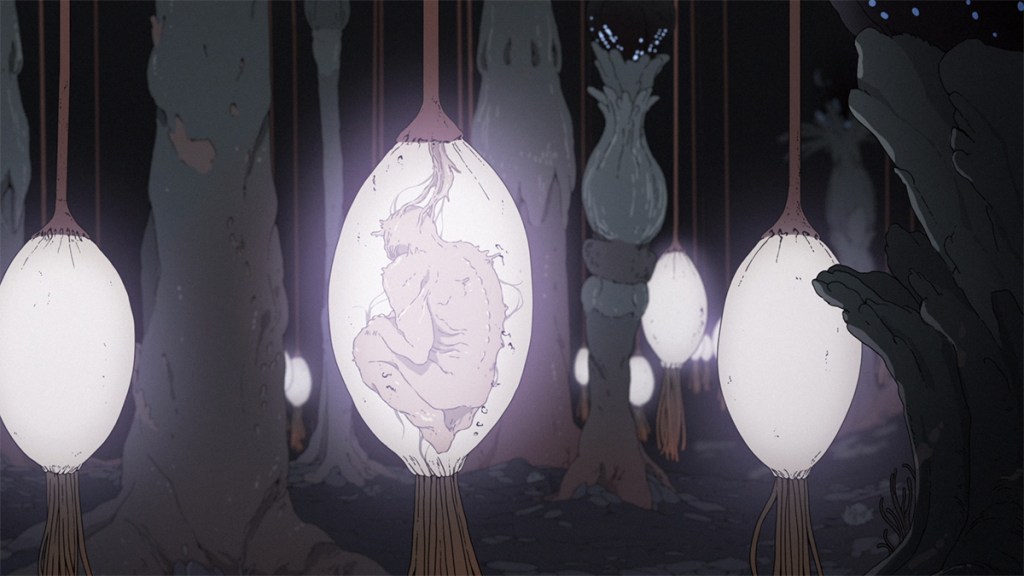 A humanoid body in a glowing pod in the plant ecosystem of Scavenger&rsquo;s Reign planet Vesta