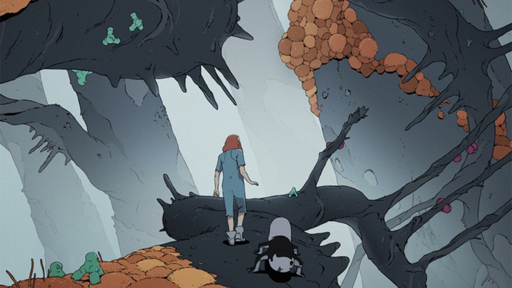 A figure and an alien creature exploring a psychedelic natural world for Max&rsquo;s Scavenger&rsquo;s Reign