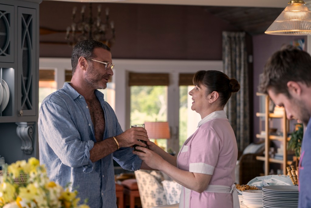 The Perfect Couple. (L to R) Liev Schreiber as Tag Winbury, Irina Dubova as Gosia, Jack Reynor as Thomas Winbury in episode 101 of The Perfect Couple. Cr. Seacia Pavao/Netflix © 2024