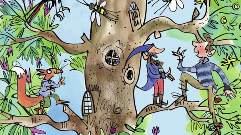 A Quentin Blake illustration of cartoon characters talking in a tree from the cover of The Magic Faraway Tree