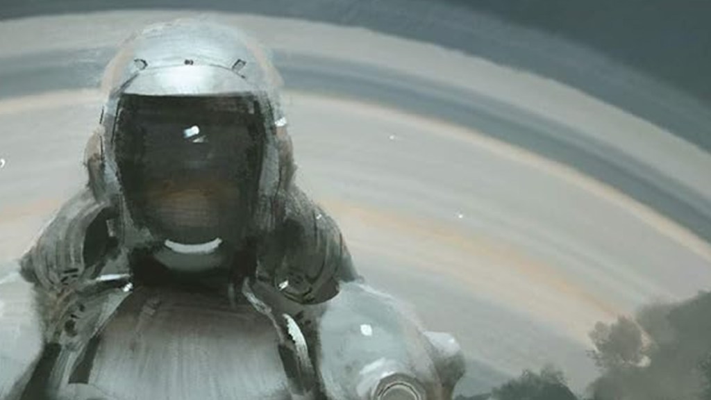 An illustration of a spacesuit against a grey background from the cover of The Murderbot Diaries by Martha Wells