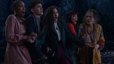 (L-R) Jennifer Kale (Sasheer Zamata), Teen (Joe Locke), Agatha Harkness (Kathryn Hahn), Alice Wu-Gulliver (Ali Ahn), and Lilia Calderu (Patti LuPone) in Marvel Television's AGATHA ALL ALONG, exclusively on Disney+.